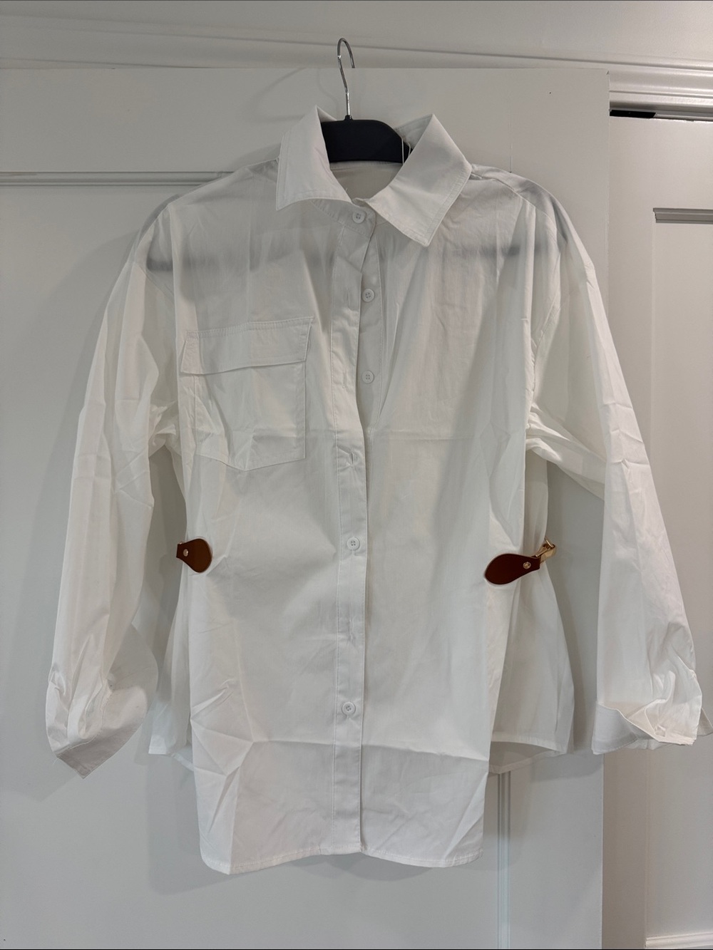 Classic White Button-Down Shirt with Side Tab Detail